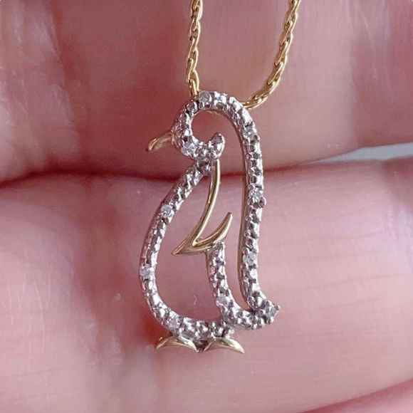 14k Solid Yellow Gold Chain with 10K Diamond penguin Pendant Necklace Set - Picture 2 of 6